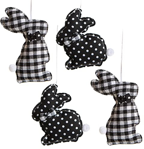 Logbuch-Verlag 4 Osterhasen mit Schnur schwarz weiß aus Stoff Osterstrauch Anhänger Ostern Deko modern 10-14 cm gepunktet kariert