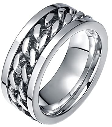 Lieson Edelstahlringe Herren Silber, Verlobungsring Herren Poliert Punk Kette 8MM Anti-Angst Spinner Ringe Gravur Personalisiert Größe 54 (17.2)