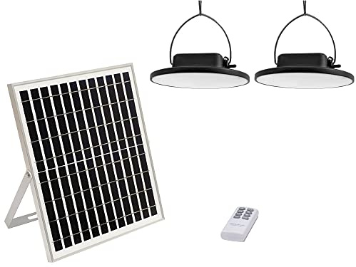 ELEDCO Lámparas Solares Colgantes, 2 Lámparas LED, Exterior, Interior, Luces Solares con Placa Solar, Batería, Mando a Distancia, IP65, Autonomía 8-15 Horas