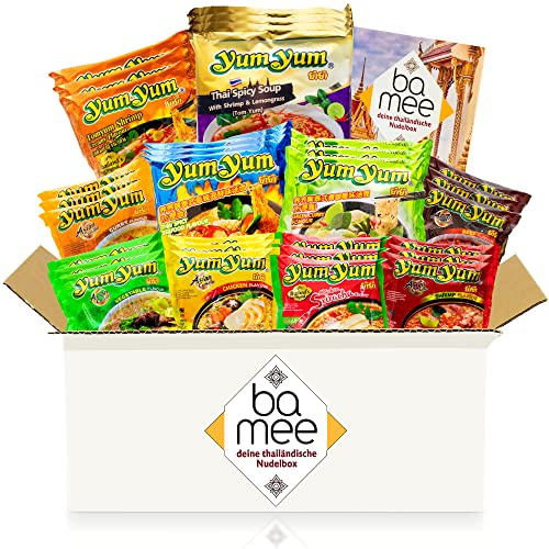 Ba-Mee Box mit 30 Yum Yum Nudelsuppen - Thailändische Instant Nudeln, zufällige Mischung aus 10 verschiedenen Geschmacksrichtungen und Sorten, inklusive Broschüre mit Rezept - Thailand Nudelmix Karton
