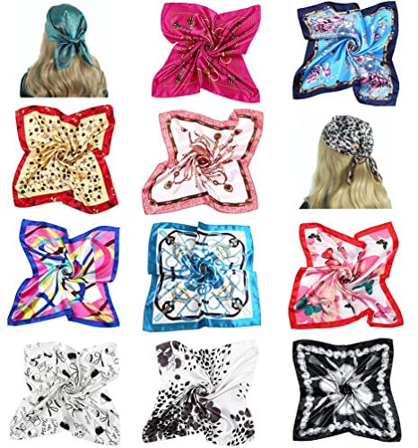 10 bufandas cuadradas de seda mixta para mujer bandana cabeza de mano bufandas para el pelo para bolso envolventes para dormir pañuelo tocado chal 50 x 50 cm, multicolor, M(Color aleatorio)