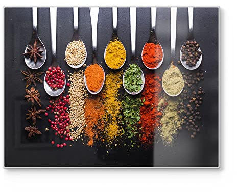 DEQORI Schneidebrett aus Glas | groß 40x30 cm | Motiv Kochlöffel mit Gewürzen | Design Schneideplatte für Küche | Frühstücksbrett antibakteriell & rutschfest | Glasplatte & Servierplatte