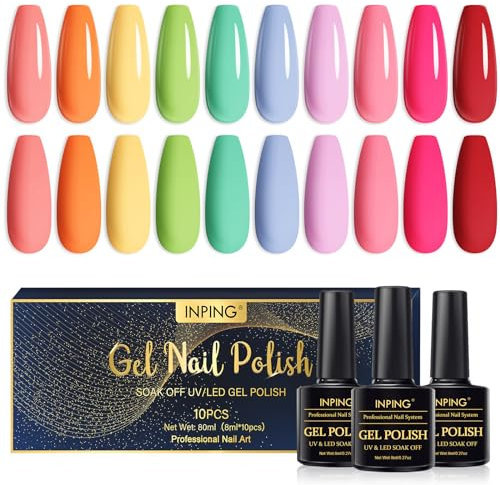 INPING UV Nagellack, 10 Farben Neon Gel Nagellack Set, Helles Grün Blau Rot Orange Gelb Frühling Sommer Pastell Regenbogen Gelnägel Soak Off UV für Halloween Karneval DIY Nail Art Salon Maniküre Kit