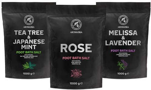 Fußbadesalz Set mit Melisse und Lavendel - Teebaum und Japanische Minze - Rose 3x1000g - Pediküre Fußbadesalz - Fußbad Zusatz mit naturreinem Meersalz - Fußpflege für müde Füße