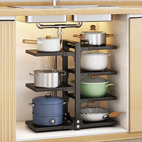 HMAKGG Portapentole Salvaspazio, Portapentole da Mobile Interno con 7 Divisori Porta Padelle Pentole Coperchi Pot Rack in Acciaio Inox,Nero