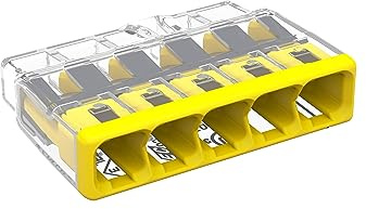 WAGO Kompakt-Spleißverbinder, für Voll- und Litzenleiter, max. 4 mm², 5-Leiter, gelbe Abdeckung, Umgebungslufttemperatur, max 85°C (T85), 4,00 mm², transparent, 2773-405 (60 Stück)