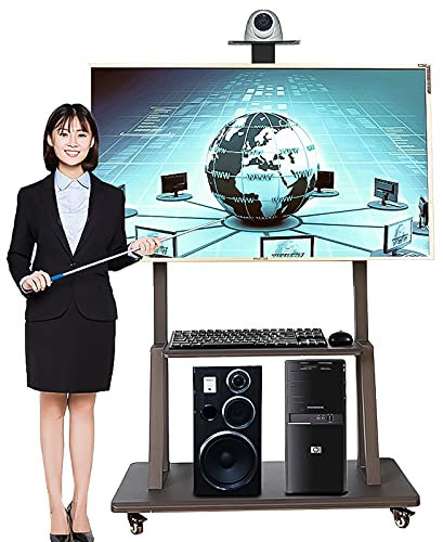 Soporte de TV negro para TV de más de 50 pulgadas sobre ruedas, carro de TV rodante universal portátil de piso con 2 estantes, sala de estar/sala de conferencias soporte de exhibición de TV rodante