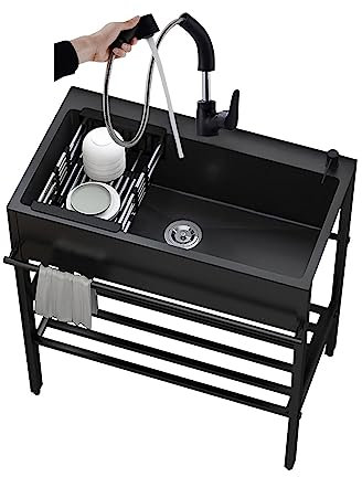 whalebee Spülbecken Für Outdoor Garage Garten Camping, Edelstahlspüle Küchenspüle 1 Becken, 60 68 80cm Freistehendes Spüle Mit Wasserhahn Und Siebkorb, Multifunktions Waschtisch Mit Ständer