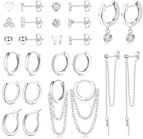 JeweBella 13 par små örhängen kvinnor kirurgiskt stål hypoallergen mini hängande ring örhängen med kedja örhängen hjärta zirkon örhängen set guld/silver, 11 mm, CZ