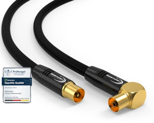 RedStar24 Antennenkabel 15m Schwarz – Stecker zu 90° Gewinkelt Buchse Koaxial – Premium HDTV Koaxialkabel für Kabelfernsehen | TV Kabel: Kompatibel mit TV, Radio, DVB-T/T2, DVB-C, DAB