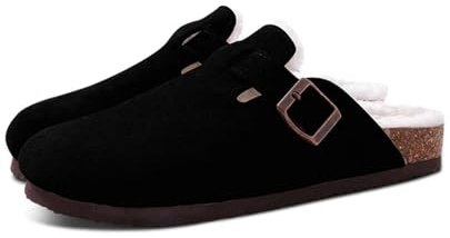 MdybF Tofflor Päls Träskor för Kvinnor Män Vinter Hem Kork Mules Fuzzy Tofflor Kort Plysch Potatisskor Inomhus Utomhus Varm, Svart, 39 EU