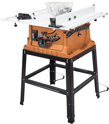Table Saw, 10inch & 15A & 5000RPM Portable Table Saw with Stand & Safety Switch, Push Stick, 90°Cross Cut & 0-45°Cutting, Multifunctional Table Saw for Woodworking, DIY Working, Orange