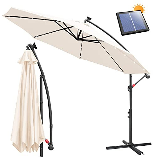 Ikodm Ampelschirm LED Solar Sonnenschirm Beige Ø 350 cm Gartenschirm mit Ständer Kurbel Sonnenschutz UV-Schutz Aluminium, Kurbelschirm Marktschirm wasserdicht für Garten