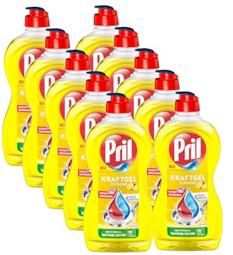 PRIL Kraft Gel Zitrone (10x 450 ml), Handgeschirrspülmittel mit höchster Fettlösekraft, für sauberes Geschirr auch in kaltem Wasser, frischer Zitronenduft