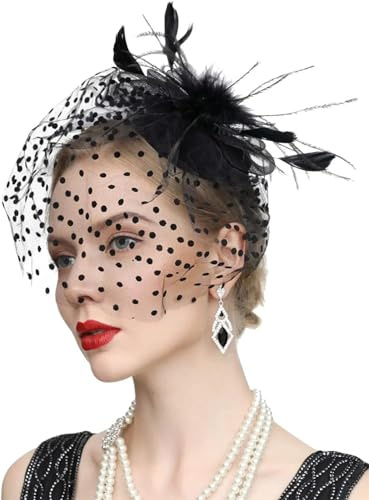 Generisch Fascinator Derby Hüte für Damen, 20er / 50er Jahre, Vintage-Stil, Pillbox, Feder, Blume, Fascinator mit Schleier, Schwarz , Einheitsgröße