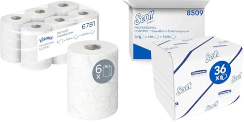 Kleenex Ultra Slimroll Rollenpapiertücher 6781 – 2-lagige Rollenhandtücher & Scott Control Einzelblatt-Toilettenpapier 8509 – 2-lagiges Toilettenpapier – 36 Packungen x 220 Blatt (insges. 7.920)