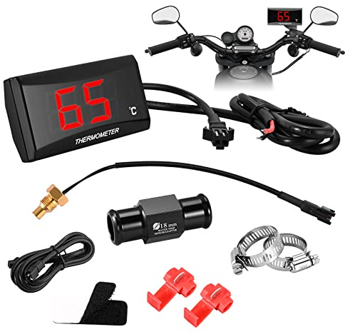 Thermomètre Numérique pour Moto, Moto Thermomètre Universel, Affichage numérique de la température l'eau Capteur en métal étanche jauge Adaptateur KOSO Red+18mm Adapter
