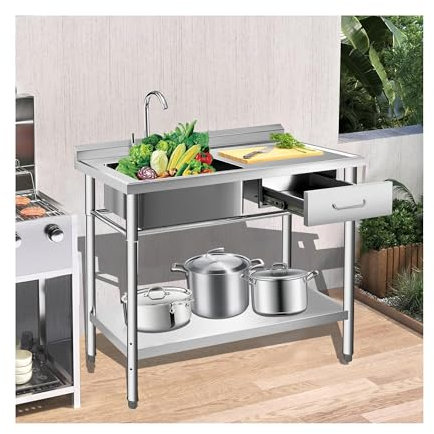 Outdoor Spüle Waschbecken Küche, Ausgussbecken Edelstahl, Camping Spülbecken, Spüle Edelstahl, mit Schubladenaufbewahrung und Werkbank, Waschspüle, Gartenspüle, Außenküchen Spülenset(Color:Left,Size:S