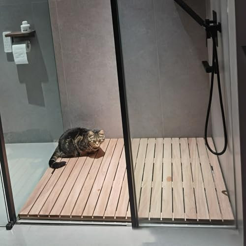Badematte Holz Badezimmermatte aus Naturholz, Wasserdichte Duschmatte aus Lamellen, Rutschfestes, Durchbrochenes Abtropfbrett, Bodenpedal für Blumentöpfe im Türrahmen, Sondergröße(80cmx50cm(31.5inx19.