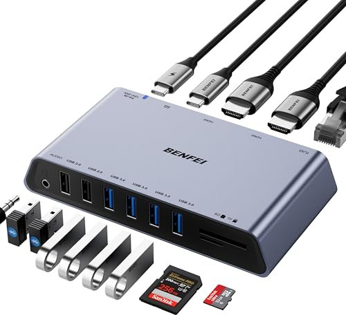 BENFEI Estación de Acoplamiento Universal USB 3.0 DisplayLink 12 en 1 con Pantalla HDMI Dual, 6 Puertos USB, Lector de Tarjetas SD y TF, Red Gigabit Ethernet y Conector para Auriculares de 3,5 mm