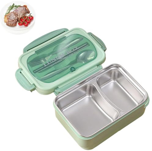 lvifloae Fiambrera Bento Box con 2 compartimentos y cubiertos, caja aislada de acero inoxidable 304 para estudiantes, trabajadores, almuerzo modelo con dos compartimentos, color verde