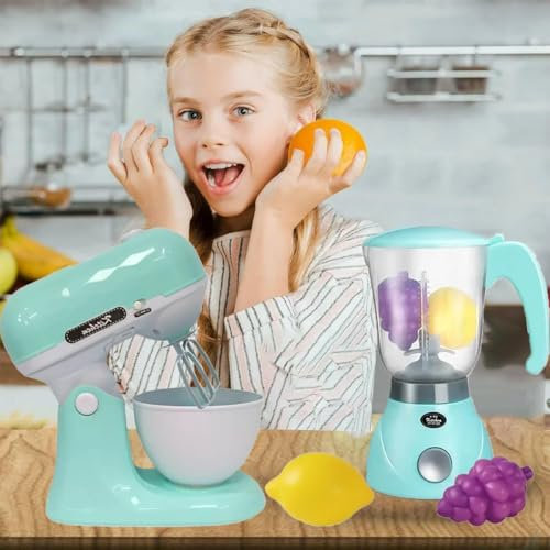 Coo11 Kids Juicer & Hands-Free Food Mixer Toy, Realistic Kitchen Pretend Play Appliances Transparent Jar & Lid, Play Fruit, Dough Blender with Bowl, Light Sound Educational Set for Toddlers Ages 3+