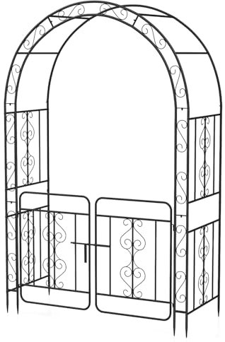 COSTWAY Garden Arch with Gate, Metal Pergola Arbor Trellis for Climbing Plant Rose Vines with 6 Sharp Ground Stakes, Plants Support Archway for Lawn Backyard Party Wedding, 136 x 58 x 213 cm