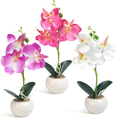 BEGONDIS Artificial Flowers in Ceramic Pot - Set of 3 Orchids with Artfully Matched Arrangement in Sleek High Gloss Ceramic Pots, Exquisite Decorative Artificial Orchids for Home & Office Decoration