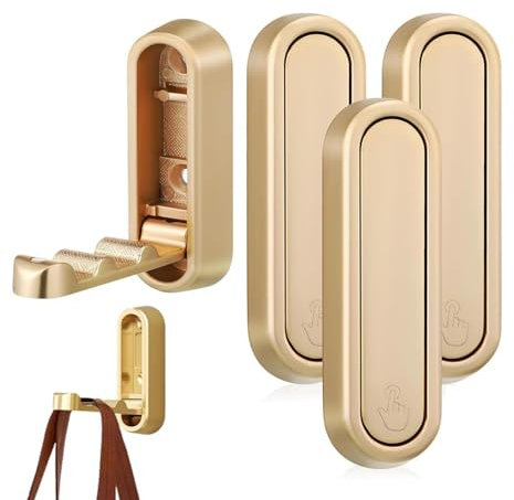 4pcs Foldable Wall Hooks for Hanging, Folding Hooks Wall Mount of Zinc Alloy, Heavy Duty Gold Foldable Walls Hook for Bathroom Kitchen, Flip Down Hook for Wall Hanging Coat, Bag, Towel, Key (Gold)