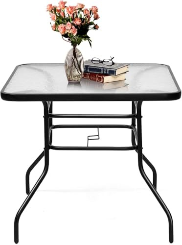 FANTASK quadratischer Gartentisch, Balkontisch mit Schirmhoch & Glasplatte, Bistrotisch Outdoor für 4 Personen, Schwarz