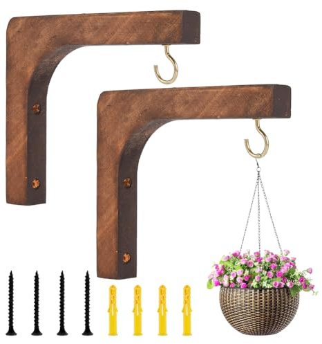 DICOSMETIC 2 Sets Wood Plant Hooks Wooden Plants Hanger 38.5x8.5mm Hanging Plant Holder L-shaped Indoor and Outdoor Brackets Plants Hanger Wood Hook for Planters, Lanterns, Bird Feeders
