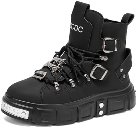 CTKVbmeoi Men's Goth Combat Punk Fashion Boots Chunky Buckle Strap Ankle Boots Rivet Embellished Platform Lace-Up Side Zipper Design
