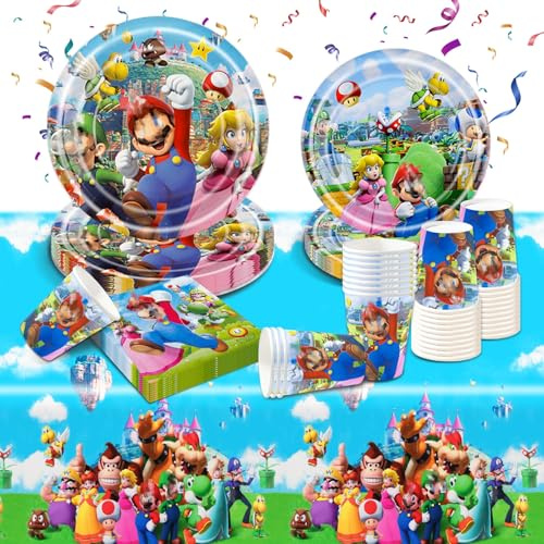 Super Birthday Party Tableware Set- 51Pcs Bro Birthday Dinnerware Set Party Table Decorations Tableware Decor Disposable Paper Plates Cups Napkins Tablecloth for Kids Party Supplies for 10 Guests