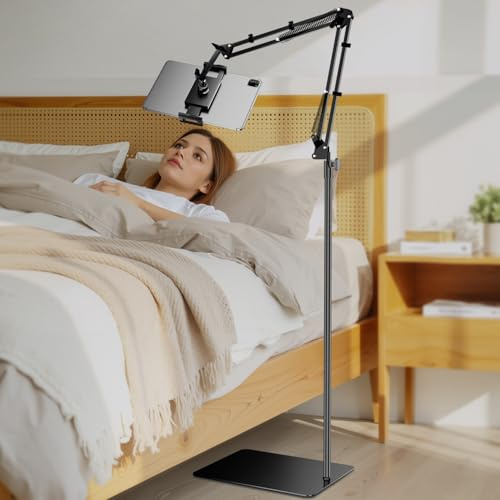 TRYONE Tablet Bodenständer Bett Kindle Halterung - [165CM Höhenverstellbar & Winkelverstellbar] Tabletständer Metall Basis für iPad Pro Air Mini/Kindle/Handy/Switch/Fire/Galaxy Tabs, von 4,7-16.1 Zoll