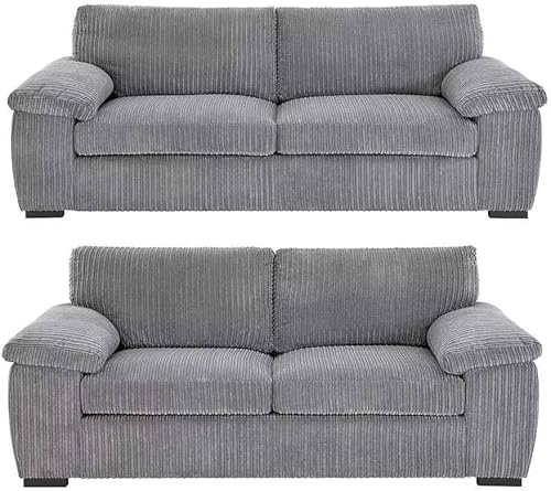 Furniture 786 Delta 3+2 Seater Sofa Set - Grey High Back Jumbo Cord 3 Seater Couch - Comfy 2 Seater Sofa Suite - Value Dual Arm Corner Sofa - 5 Seater Sofa for Living Room Lounge (Grey)