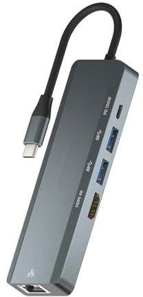 Velocraze Dock - Adattatore 5 in 1 con porte USB-C, HDMI, RJ45 e 2xUSB, ricarica PD, colore grigio, dimensioni 15 cm, ideale per collegare più dispositivi.