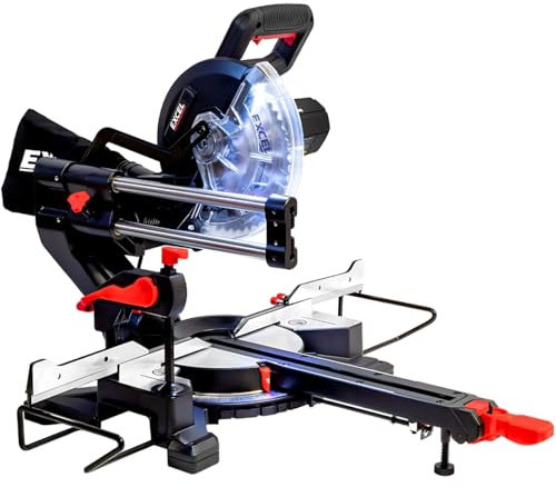 Excel 216mm Sliding Mitre Saw 240V, 1700W with LED Light, 48T Blade, Dust Bag & Extension Arms – Powerful, Precise Crosscut & Bevel Cutting Tool for Wood, MDF, and Plastic