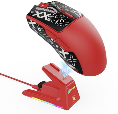 ATTACK SHARK X1 Souris Gaming avec Station de Charge Magnétique, Capteur PixArt PAW3395PRO, 40000DPI, Ultra-légère 49g, Bluetooth/2,4GHz sans Fil/Filaire, Microswitches 100M pour PC/Xbox/Mac - Rouge