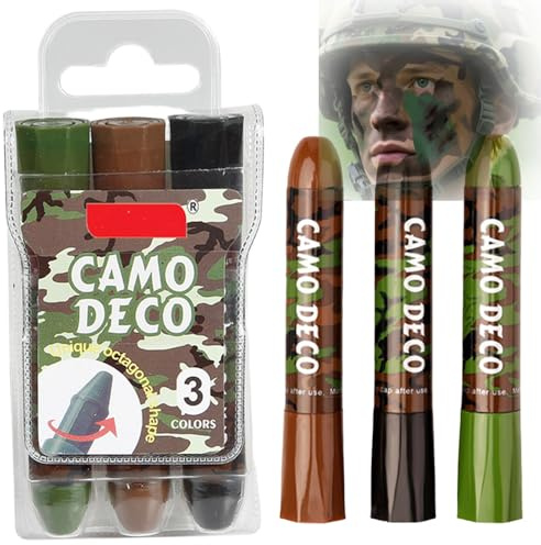 3 Color Camo Face Paint Stick Set - Waterproof & Sweat-Resistant Camouflage Makeup for Hunting, Military Training Outdoor Survival Safe for Face Eye Use Black Brown Green Army Sticks