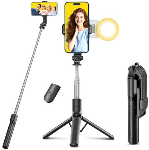 Perche à Selfie avec lumière d'appoint,Trépied Smartphone,125CM Extensible Selfie Stick Trépied de Téléphone avec télécommande détachable et trépied Stable,Compatible avec iPhone/Samsung/Huawei