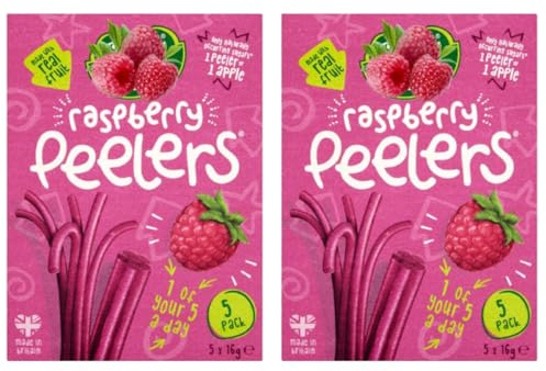Raspberry Peelers 5X16g, Fruit snack made from concentrated apple and raspberry purees and fruit juices, No added sugar, Gluten free, Vegetarian, Pack Of 2