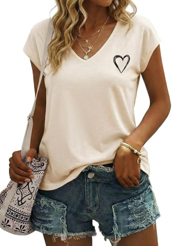 Gyabnw Camiseta Manga Corta Mujer Cuello V Corazones | Estampado de corazones, estilo de camiseta de manga corta, para verano y uso casual, camiseta básica para diario