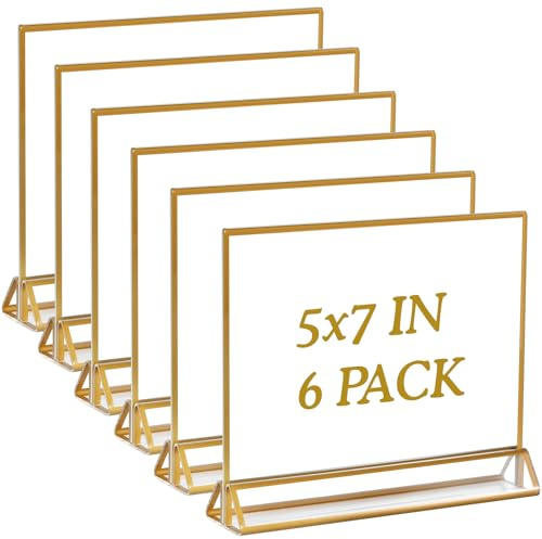 EOGRFW 6er-Pack Acryl Schilderhalter, 7x5 Inch, Gold, Horizontal | Doppelseitig, Klarer Bilderrahmen für Hochzeit, Tischmenü, Fotoaufsteller, Restaurant, Büro, Dekoration