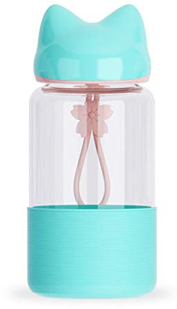 Coolcups Niedliche Glas Wasserflasche mit Silikon Schutzhülle, 12 oz Fox Ear Design Kinder Trinkflasche für Frauen - BPA frei (grün)