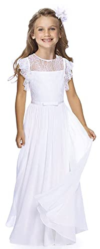 TYHTYM Robe de demoiselle d'honneur, de concours de beauté, de mariage, de bal, de fête, en dentelle, manches flottantes, blanche, Blanc., 12-13 ans