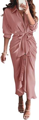 BTFBM Button Dwon Fall Dresses for Women 2026,Pink,XL