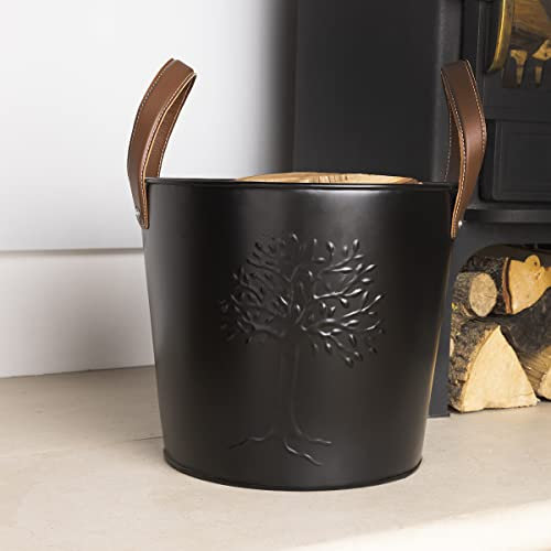 CHARLES BENTLEY Bucket, Snug, Mulberry, Wood Bucket, Timeless Style, Iron, Small Bucket, 4kg Capacity, Real Leather, Iron, Log Bucket, Timeless Style, Contrasting Colour Handles (46x45x36cm)