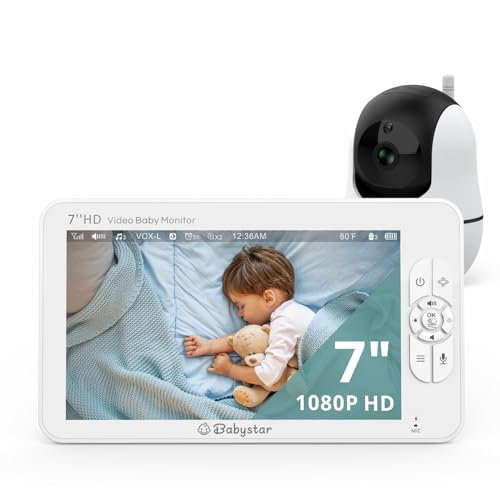 Babystar Babyphone mit Kamera 7 Zoll 1080P HD Video Babyphon, Infrarot Nachtsicht, Zwei-Wege-Audio-und VOX-Modu, Temperatur, Bis zu 22 Stunden Akkulaufzeit, Babyphone ideal für Eltern