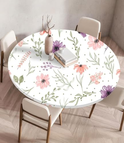 Highdi 3D Elastische Tischdecke Rund wasserdichte, Tischdecke Outdoor Round Blümchenmuster Spanntischdecke mit Gummizug für Esszimmer, Küche und Picknick (80cm,Botanische Blumen)