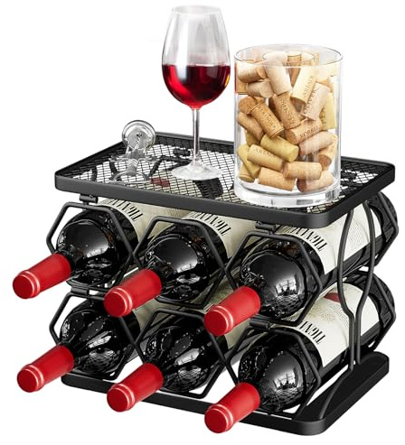 Nuovoware Foldable Wine Rack, Freestanding Hexagon Wine Rack Countertop 6 Bottle 2 Tier, Carbon Steel Wine Racks Holder for Kitchen Bar Pantry Wine Cellar Dining Room Basement Outdoor, Black